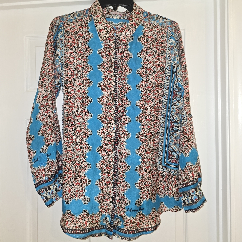Johnny Was Blue, Coral & Black Silk Printed Top